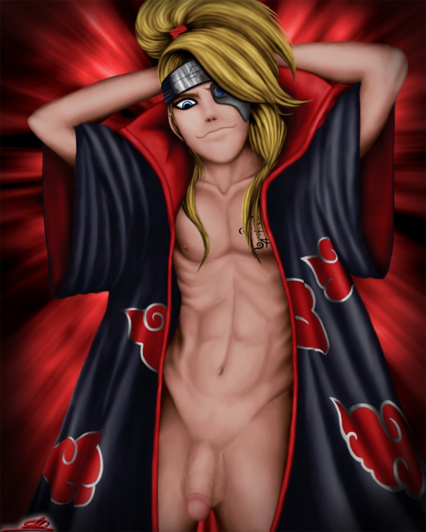 1boy akatsuki_(naruto) blonde_hair deidara flaccid hi_res ireal70 male male_only muscle naruto penis solo tattoo uncensored yaoi