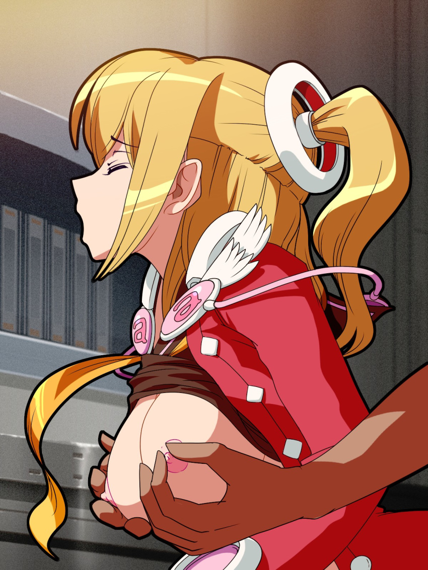 blonde_hair breast_grab breasts closed_eyes dark_skin emilia_percival highres jacket open_mouth pale-skinned_female pale_skin phantasy_star phantasy_star_portable_2 phantasy_star_universe pointy_chin ponytail red_jacket sega shirt_up tied_hair