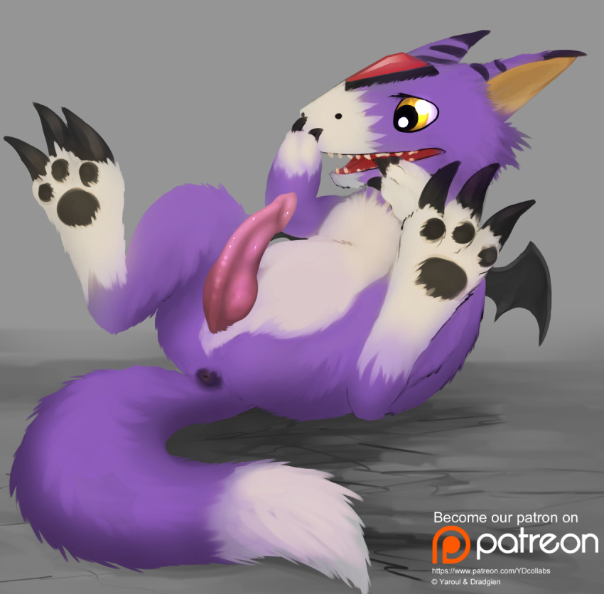 1boy 2015 anus ass bat_wings black_skin black_stripes claws digimon dorumon dradgien erection feral fluffy_tail fox_tail fur furry lying male male_only monster on_back open_mouth patreon pawpads paws penis purple_fur solo tail teeth tongue white_fur wings yaroul yellow_eyes