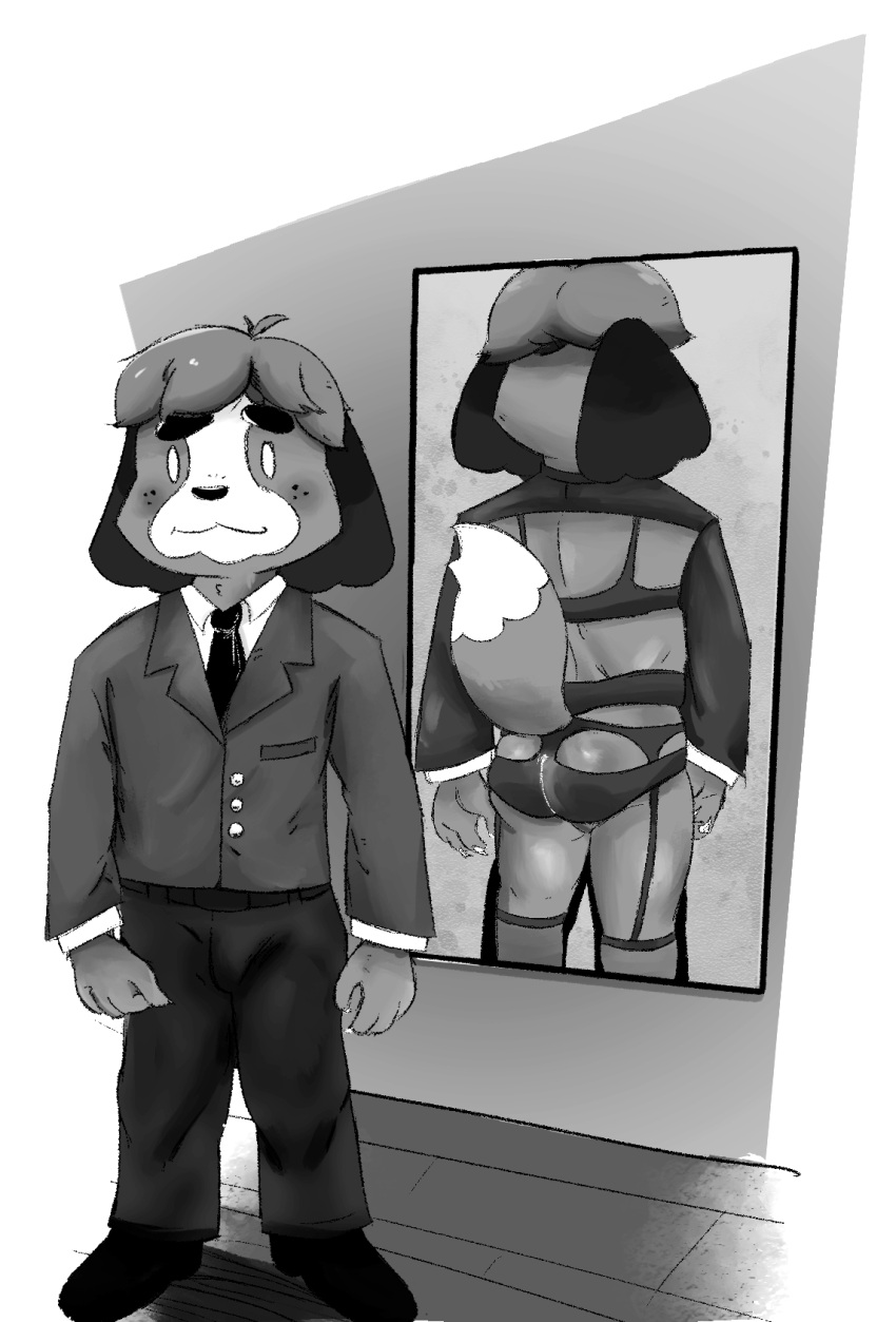 animal_crossing anthro blazer bottomwear canid canine canis claws clothing digby_(animal_crossing) domestic_dog footwear hi_res lingerie looking_at_viewer male mammal meme mirror monochrome nintendo shih_tzu shoes smile solo thael topwear toy_dog uniform