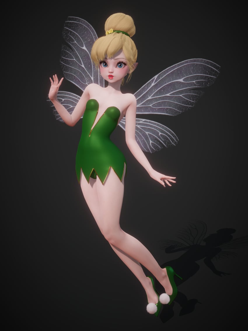 3d arched_back bare_shoulders big_eyes blonde_hair blue_eyes disney dress eyelashes fairy fairy_wings female green_dress green_shoes hair_bun hair_tie high_heels honey_select honey_select_2 inmortal legs leotard_peek light-skinned_female light_skin lips lipstick micro microdress minigirl panty_peek peter_pan_(disney) pointy_ears red_lips red_lipstick small_breasts strapless_dress tinker_bell v-neck wings