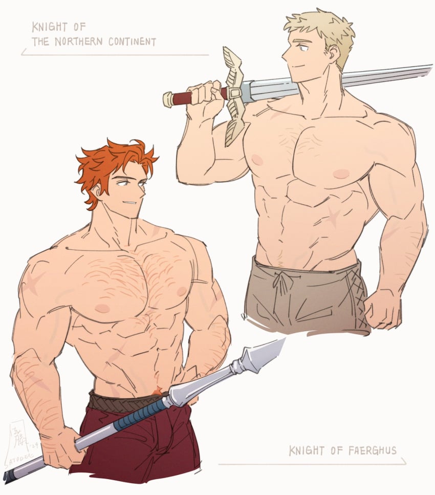 2boys abs absurdres alternate_body_hair alternate_muscle_size arm_hair bara blonde_hair chest_hair cropped_legs dungeon_meshi fire_emblem fire_emblem:_three_houses highres laios_touden large_pectorals male male_focus male_only multiple_boys muscular muscular_male navel navel_hair nintendo nipples over_shoulder pectorals pubic_hair_peek satodee short_hair sparse_chest_hair standing stomach sword sword_over_shoulder sylvain_jose_gautier thick_eyebrows topless_male weapon weapon_over_shoulder