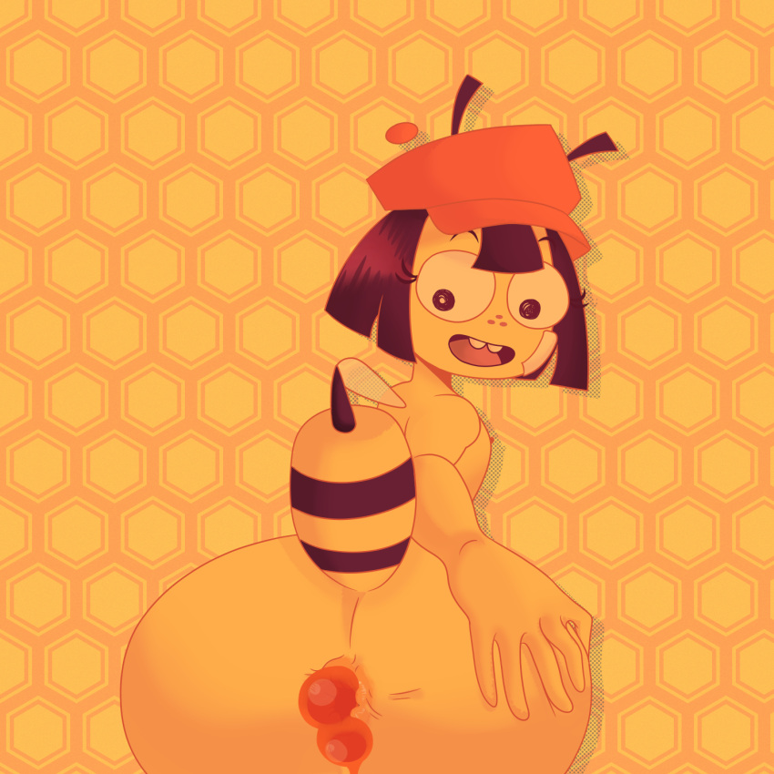 anal_insertion anthro anus ass_focus bandage bee big_eyes buckteeth elwilsjeje hat honey liquid nude nude_female oc original_character pelusa stinger stinkify yellow_skin