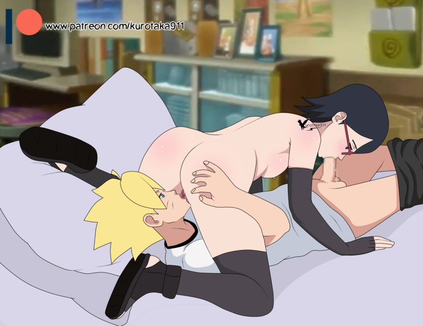 1boy 1girls 69_position agung911 black_hair black_socks blonde_hair blowjob blush boruto:_naruto_next_generations censored censored_penis clothing cunnilingus fellatio glasses kurotaka911 licking_pussy male/female naruto naruto_(series) oral patreon_username sarada_uchiha small_breasts socks stockings straight thigh_socks thighhighs uzumaki_boruto watermark