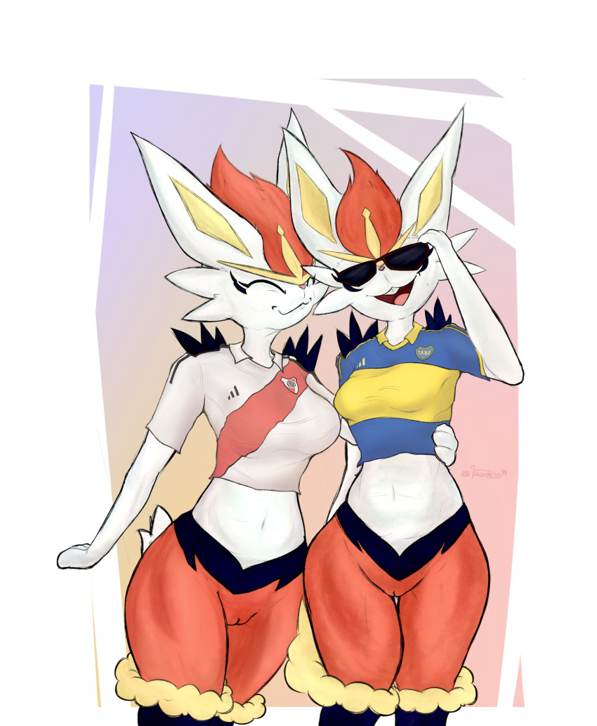 anthro arm_around_waist boca_juniors bottomless breasts cinderace clothed clothing duo female fur generation_8_pokemon genitals hi_res lagomorph long_ears mammal midriff nintendo partially_clothed pokemon pokemon_(species) pussy red_body red_fur river_plate soccer_jersey standing vagoncho white_body white_fur