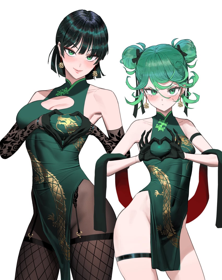 2girls asian asian_female bare_legs breasts_size_difference chinese_clothes cleavage cleavage_cutout earrings female female_only fishnets fubuki_(one-punch_man) garter_straps gloves green_eyes green_hair hair_buns hands_making_heart japanese light-skinned_female light_skin multiple_girls one-punch_man short_hair sisters stockings tatsumaki thigh_strap traditional_clothes wonbin_lee