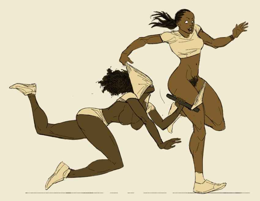 accidental_exposure assisted_exposure breasts dark-skinned_female en-pinups exposed_breasts female multiple_females multiple_girls pants_down pants_pull relay_nudity running shirt_lift shirt_pull shirt_up stripped wardrobe_malfunction