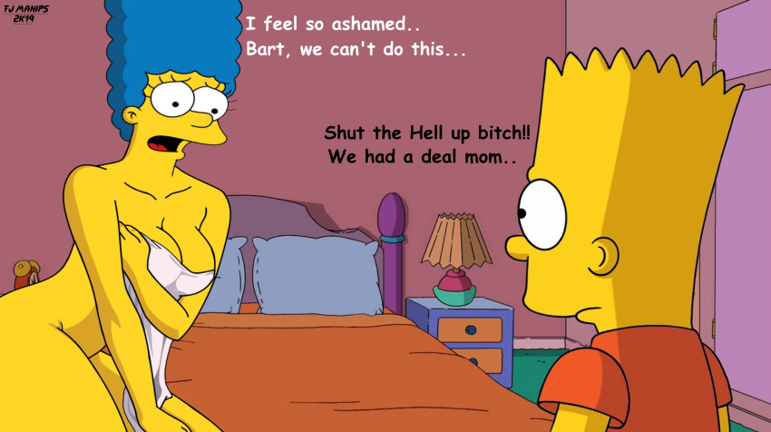 1boy 1boy1girl 1girls ashamed bart_simpson english_text fjm humiliation marge_simpson nude_female tagme the_simpsons