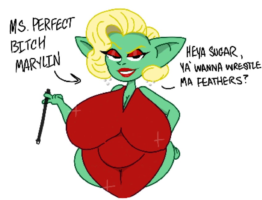 big_areola big_ass big_belly big_breasts big_butt big_nipples big_thighs blonde_female blonde_hair breasts cartoony cocktail_dress color female goblin goblin_female red_dress theslashfive toon toony