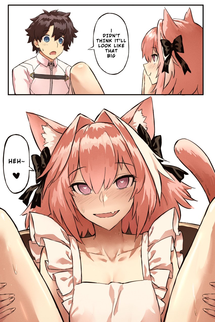 apron apron_only astolfo_(fate) blush cat_ears cat_tail embarrassed english_text excited fate/grand_order fate_(series) femboy flushed flustered haraya heart heart-shaped_pupils kenonomimi male_on_femboy naked_apron naughty_face oerba_yun_fang pink_eyes pink_hair ribbon ribbons skin_fang smile speech speech_bubble sweat sweatdrop text type-moon unusual_pupils