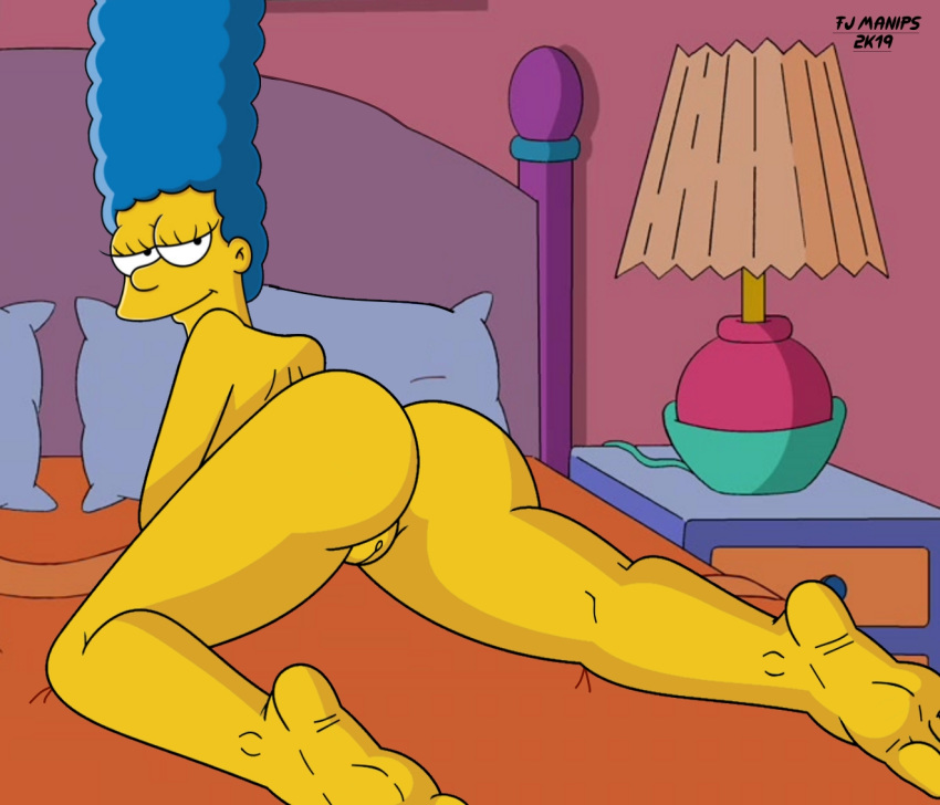 1girls big_ass butt_crack female_only fjm horny lying_on_bed marge_simpson nude_female solo tagme the_simpsons