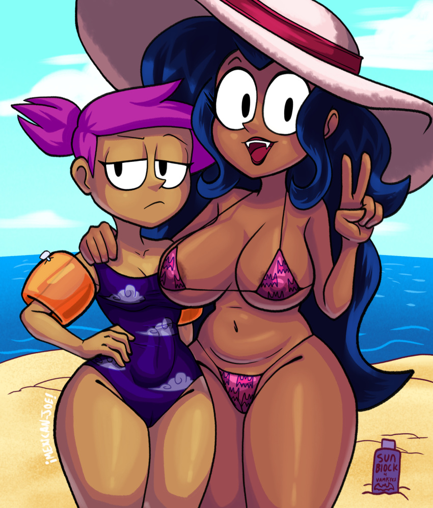 2girls alternate_version_available beach big_breasts bikini black_hair cartoon_network dark-skinned_female dark_skin daughter enid female female_focus female_only huge_breasts long_hair mature mature_female medium_breasts meme mexicanjoe micro_bikini milf mother mother_and_daughter mother_daughter_boob_envy_(meme) multiple_girls ok_k.o.!_let's_be_heroes purple_hair swimsuit thick_thighs voluptuous voluptuous_female wide_hips wilhamena young younger_female