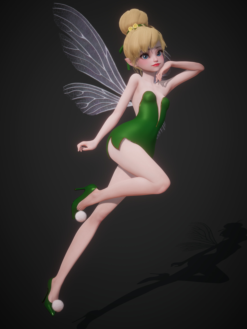 3d arched_back bare_shoulders big_eyes blonde_hair blue_eyes disney dress eyelashes fairy fairy_wings female green_dress green_shoes hair_bun hair_tie high_heels honey_select honey_select_2 inmortal legs light-skinned_female light_skin lips lipstick micro microdress minigirl peter_pan_(disney) pointy_ears red_lips red_lipstick small_breasts strapless_dress tinker_bell v-neck wings