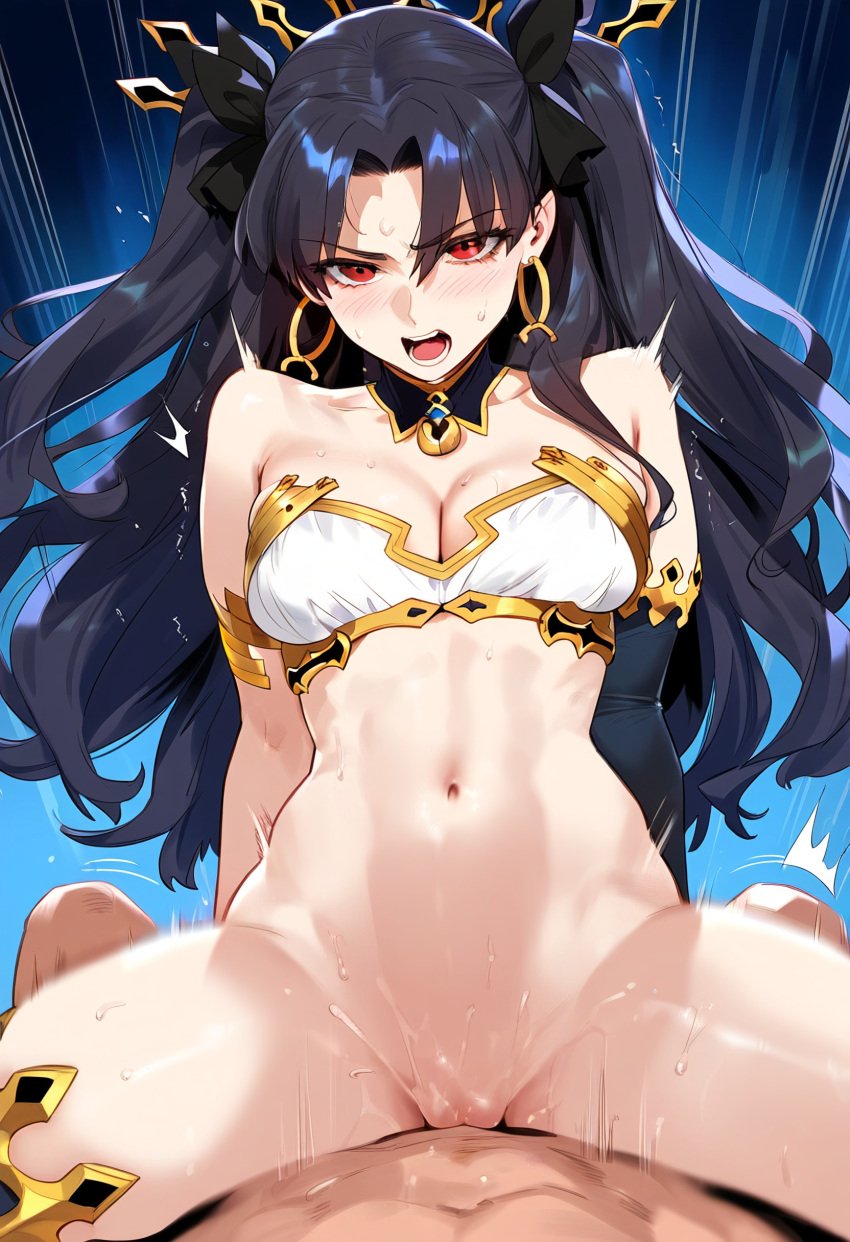 1boy 1girls ai_generated black_hair bottomless cleavage cowgirl_position fate/grand_order fate_(series) female female_focus ishtar_(fate) male pov red_eyes riding_penis sayuai sex thiccwithaq_(ai_style)