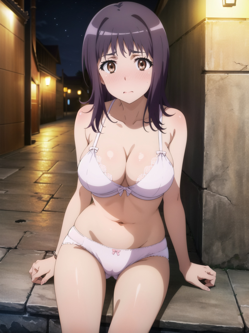 ai_generated blush breasts itsuwa night night_sky sitting stairs to_aru_majutsu_no_index town underwear underwear_only