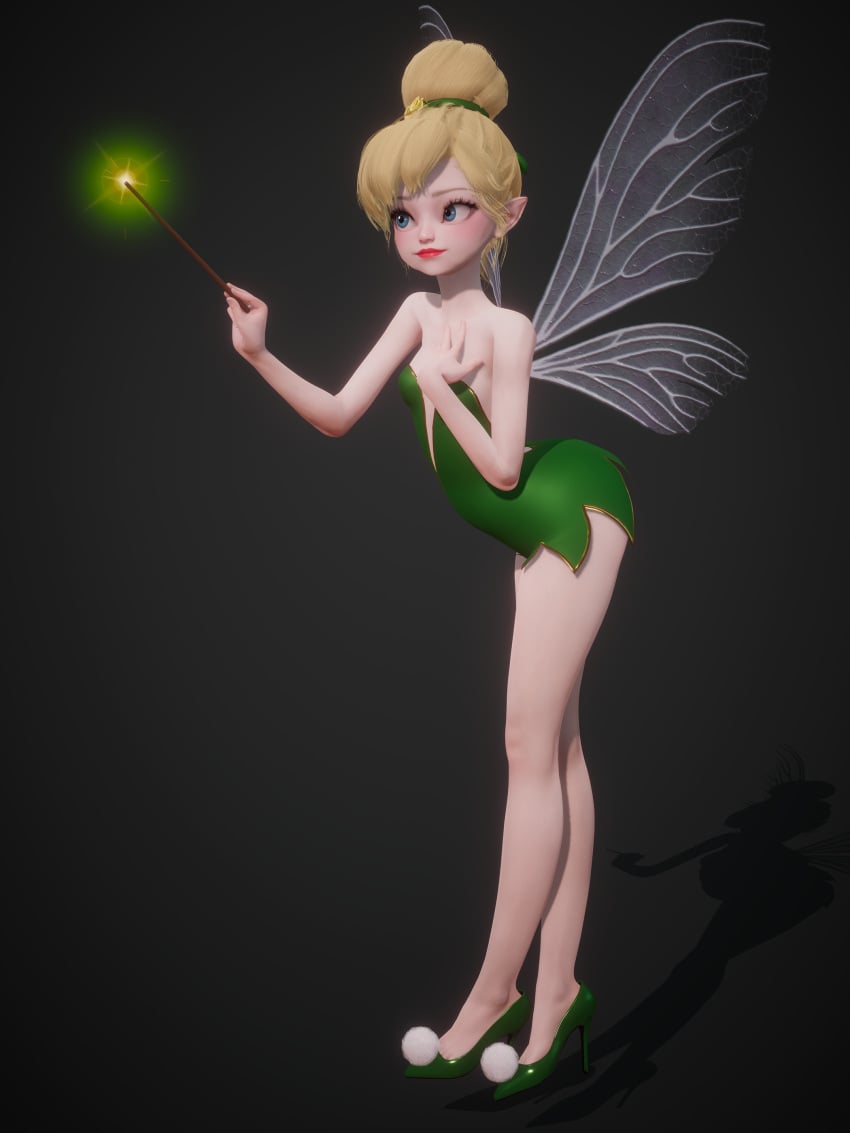 3d arched_back bare_shoulders big_eyes blonde_hair blue_eyes disney dress eyelashes fairy fairy_wings female green_dress green_shoes hair_bun hair_tie high_heels honey_select honey_select_2 inmortal legs light-skinned_female light_skin lips lipstick magic_wand micro microdress minigirl peter_pan_(disney) pointy_ears red_lips red_lipstick small_breasts strapless_dress tinker_bell v-neck wand wings