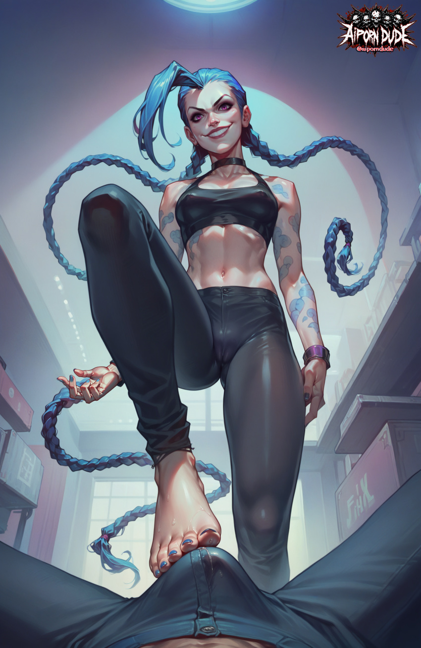 1boy 1girls ai_generated aiporndude arcane bangs blue_hair bracelet braid braided_ponytail bulge bulge_through_clothing cameltoe choker collarbone crop_top dominant dominant_female domination female foot_fetish foot_focus foot_on_crotch foot_on_penis foot_play foot_worship footjob from_below hand_on_hip indoors jinx_(league_of_legends) knees_up league_of_legends legs legwear lips long_hair low-angle_view makeup male nail_polish nails navel nipple_bulge pants pink_eyes ponytails pose pov pov_crotch pov_male precum_through_clothing riot_games sabudenego_(style) skin_tight skindentation skinny skinny_girl small_breasts smile smiling smiling_at_viewer smug smug_face smug_grin soles standing standing_footjob standing_on_one_leg sweat sweatdrop sweating sweaty sweaty_feet tattoo teeth teeth_showing thighs toes