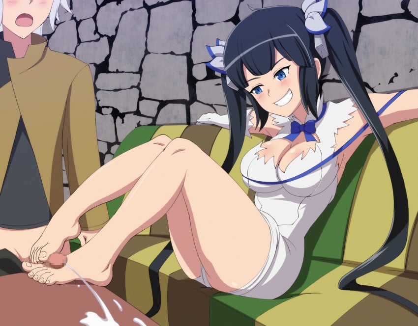 1boy 1boys 1girls artist_request bare_legs bell_cranel big_breasts black_hair blue_eyes blue_eyes_female blush breasts censored cleavage cleavage_cutout cock cum cum_on_table cumming cumming_from_footjob cumshot detatched_sleeves dungeon_ni_deai_wo_motomeru_no_wa_machigatteiru_darou_ka erect_penis erection feet feet_fetish feet_focus female female_focus foot_fetish foot_focus gloves grin grinning hestia_(danmachi) hi_res high_resolution highres knees legs legs_together long_gloves long_hair male penis sitting toes twintails twintails_(hairstyle) white_clothing white_skin