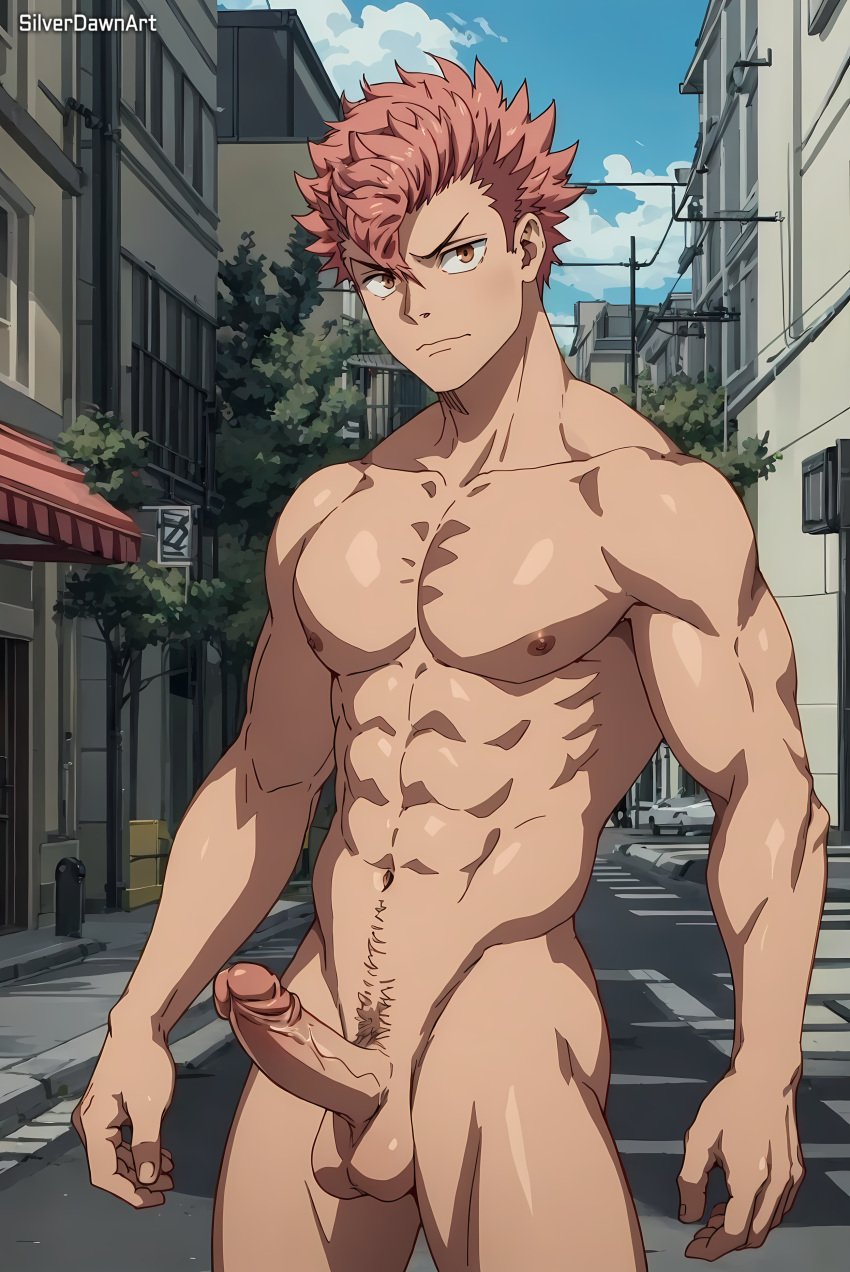 abs ai_generated balls bara biceps big_balls big_penis erection furuhashi_iharu iharu_furuhashi kaiju_no.8 male male_nipples male_only manly muscular_male nipples nude pecs penis