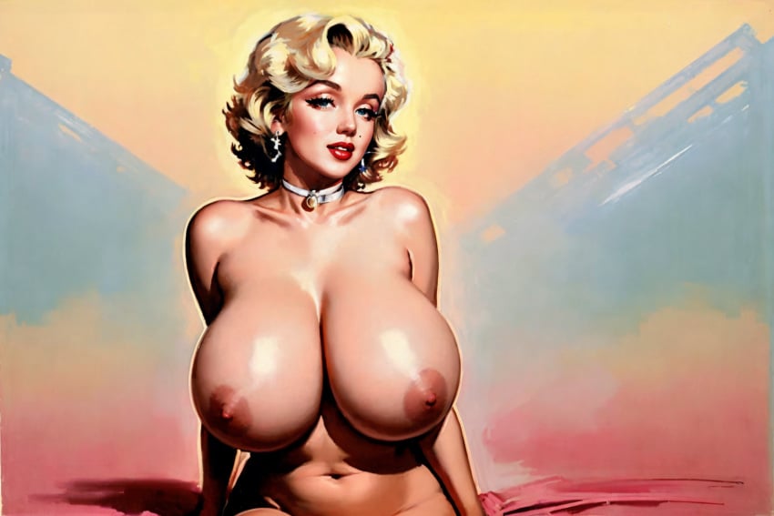 ai_generated big_breasts blonde_hair celebrity choker earrings marilyn_monroe stable_diffusion tagme topless