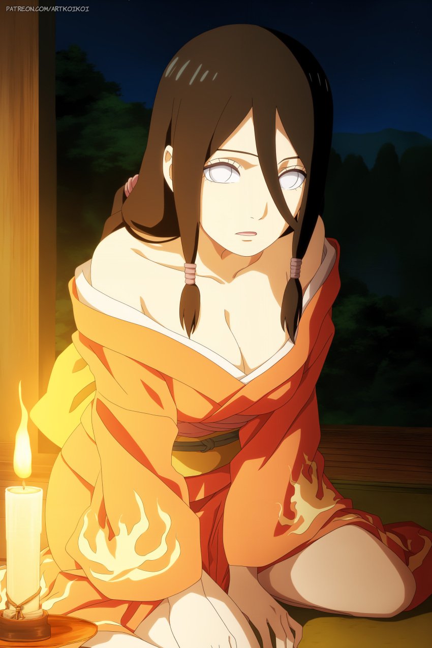 1girls ai_generated artist_name artkoikoi bare_shoulders big_breasts boruto:_naruto_next_generations breasts brown_hair candle cleavage commentary female female_focus fire flame flame_print hair_between_eyes hyuuga_hanabi kimono kneeling koikoi light-skinned_female light_skin long_hair low-tied_long_hair low_ponytail nai_diffusion naruto naruto:_the_last naruto_(series) no_bra on_knees patreon_username petite ponytail stable_diffusion text url very_long_hair violet_eyes watermark web_address yukata