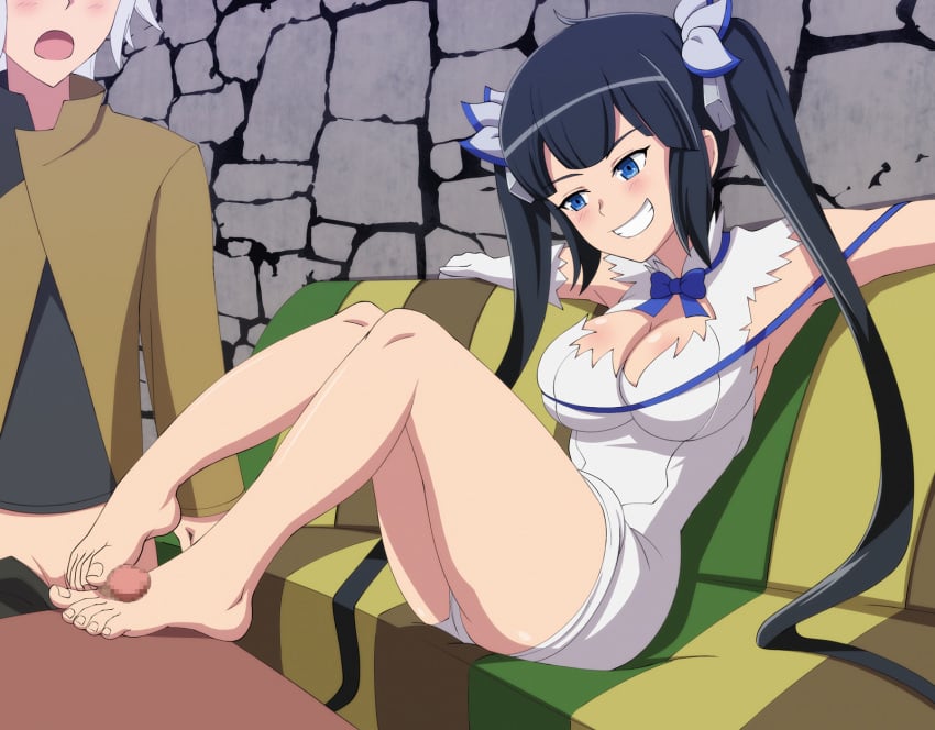 1boy 1boys 1girls artist_request bare_legs bell_cranel big_breasts black_hair blue_eyes blue_eyes_female blush breasts censored cleavage cleavage_cutout cock detatched_sleeves dungeon_ni_deai_wo_motomeru_no_wa_machigatteiru_darou_ka erect_penis erection feet feet_fetish feet_focus female female_focus foot_fetish foot_focus gloves grin grinning hestia_(danmachi) hi_res high_resolution highres knees legs legs_together long_gloves long_hair male penis sitting toes twintails twintails_(hairstyle) white_clothing white_skin