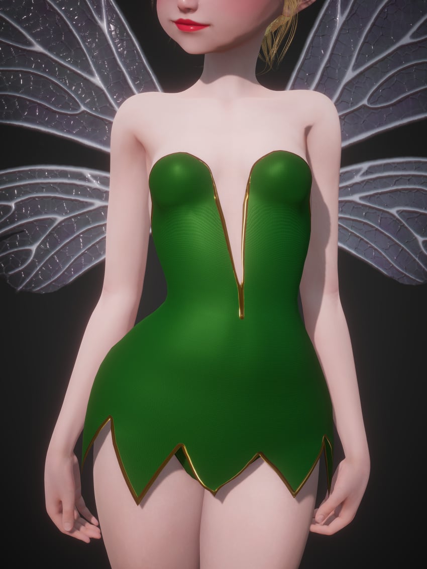 3d bare_shoulders big_eyes blonde_hair blue_eyes disney dress eyelashes fairy fairy_wings female green_dress hair_bun hair_tie honey_select honey_select_2 inmortal legs leotard_peek light-skinned_female light_skin lips lipstick micro microdress minigirl panty_peek peter_pan_(disney) pointy_ears red_lips red_lipstick small_breasts strapless_dress thighs tinker_bell v-neck wings