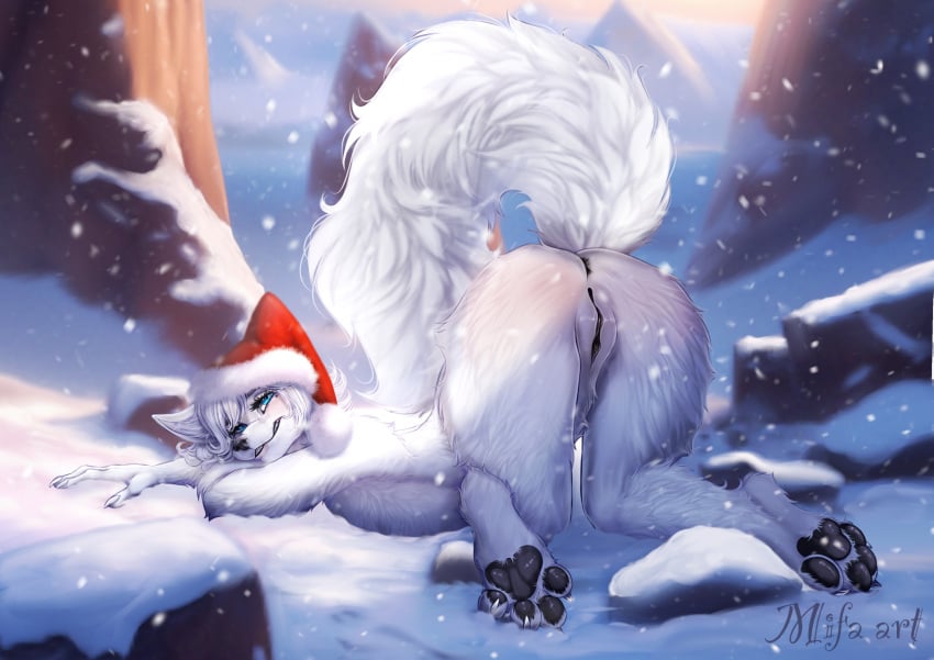 2023 4_toes anthro anus arctic_fox artist_name ass ass_up barefoot black_anus black_nose black_pawpads black_pussy blue_eyes canid canine christmas christmas_clothing christmas_headwear claws clothing digital_media_(artwork) eyebrows eyelashes feet female finger_claws fluffy fluffy_tail fox fur genitals hair hat hat_only headgear headgear_only headwear headwear_only hi_res holidays innie_pussy long_hair looking_at_viewer mammal mifa mostly_nude pawpads paws presenting presenting_hindquarters pussy rear_view santa_hat seductive snow snowflake snowing solo tail teeth toe_claws toes true_fox white_body white_fur white_hair yuki_(yuki_anno)