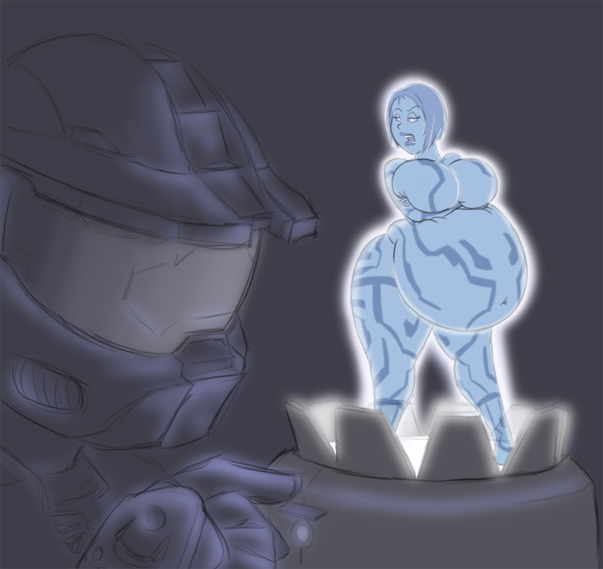 angry arms_crossed arms_crossed_under_breasts big_ass big_belly big_breasts big_butt big_stomach big_tummy cortana female halo_(series) hologram huge_belly huge_breasts huge_stomach mad master_chief nippleless no_nipples plasma-snake pregnant thick_thighs upset