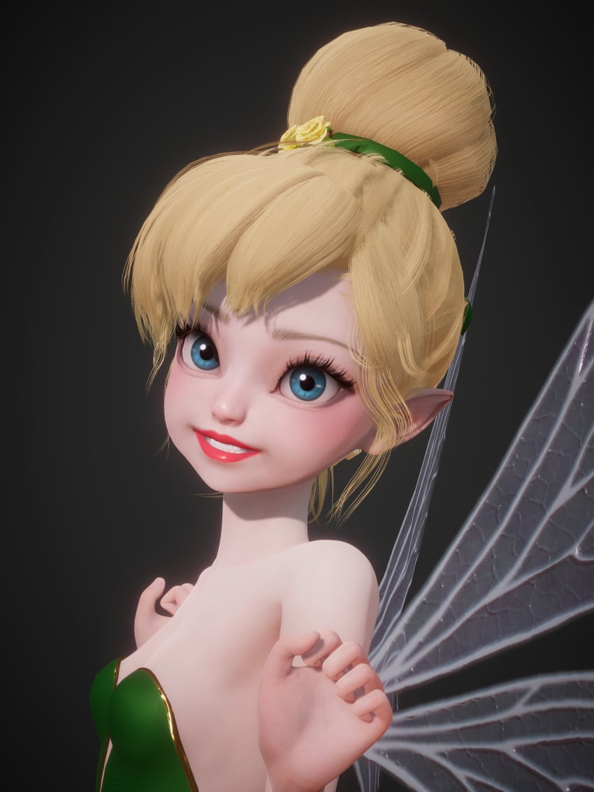 3d bare_shoulders big_eyes blonde_hair blue_eyes disney dress eyelashes fairy fairy_wings female green_dress hair_bun hair_tie honey_select honey_select_2 inmortal legs light-skinned_female light_skin lips lipstick micro minigirl peter_pan_(disney) pointy_ears red_lips red_lipstick small_breasts strapless_dress tinker_bell v-neck wings