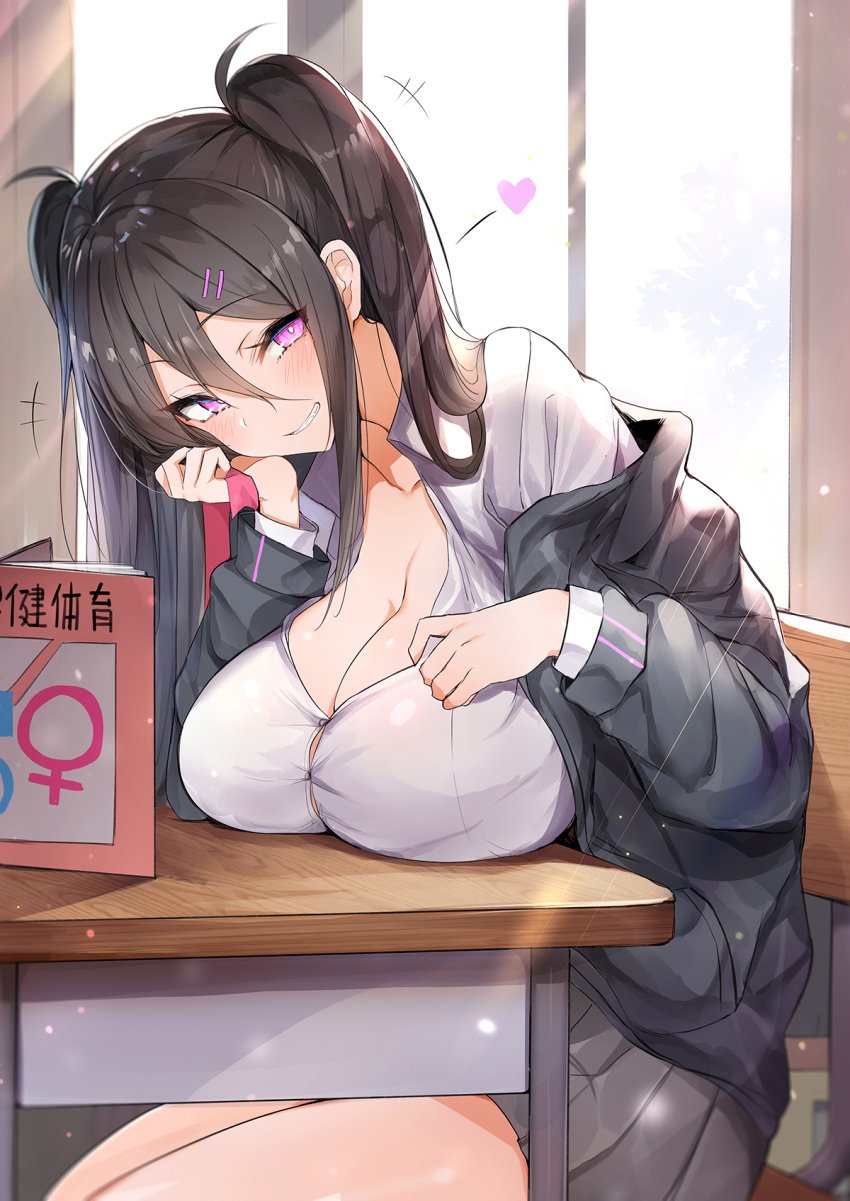 1futa big_breasts black_hair blush breast_rest cleavage desk futa_only futanari grin hair_ornament heart leaning_on_elbow light-skinned_futanari light_skin looking_at_viewer luse_maonang original original_character pink_eyes red_potato_rinrin school_uniform schoolgirl skirt solo twintails yuuki_nanase_(red_potato_rinrin)