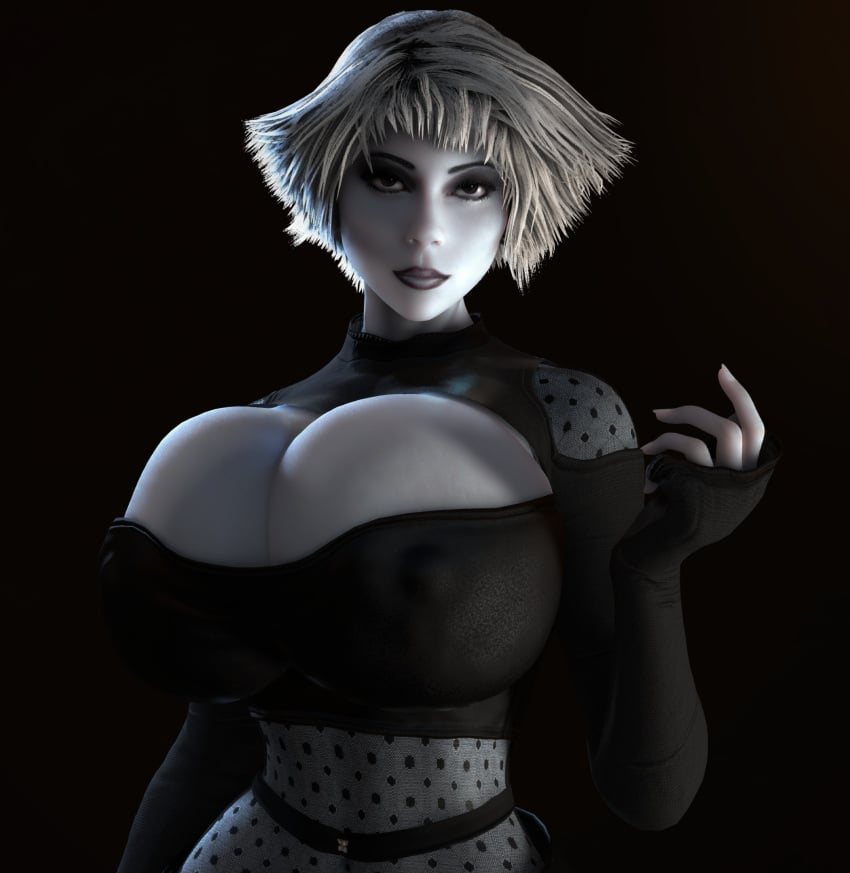 1girls 3d 3d_(artwork) alternate_breast_size boob_window breasts breasts_bigger_than_head chiana cleavage close-up closeup clothed clothed_female enormous_breasts farscape female female_only female_solo fingerless_gloves front_view gigantic_breasts gloves grey_skin hourglass_figure huge_breasts looking_at_viewer nipples nipples_visible_through_clothing pale-skinned_female pale_skin silver_hair slim_waist solo solo_female top_heavy top_heavy_breasts upper_body vaako white_hair wide_hips