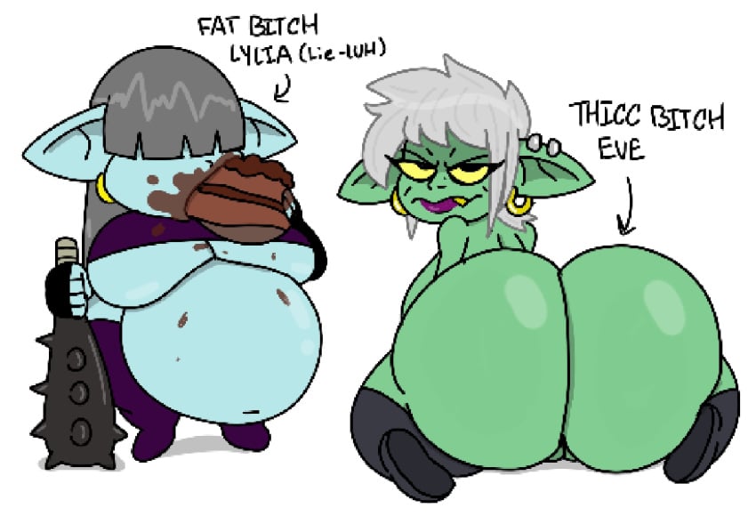 ass_focus bbw big_ass big_breasts big_butt eating eve fat_ass fat_woman food food_play goblin goblin_female green_skin lyla shortstack smaller_female theslashfive thick_ass thick_thighs