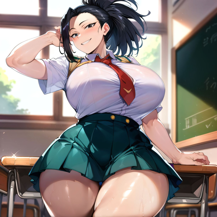 1girls ai_generated alternate_breast_size big_breasts bostin breasts busty curvaceous curvy curvy_body curvy_female curvy_figure female huge_breasts large_breasts momo_yaoyorozu my_hero_academia nipples school_uniform skirt solo sweat sweating sweaty sweaty_body sweaty_breasts thick_thighs thighs yaoyorozu_momo