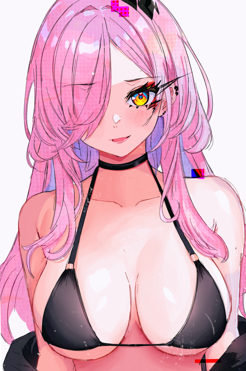 big_breasts bikini black_bikini blush detailed_eyes ear_piercing female female_focus female_only front_view goth goth_girl hair_over_one_eye highres indie_virtual_youtuber latam_virtual_youtuber light-skinned_female light_skin long_hair looking_at_viewer neneefthy piercings pink_hair smiling smiling_at_viewer solo solo_female standing stplun swimsuit virtual_youtuber vtuber vtuberfanart white_background yellow_eyes