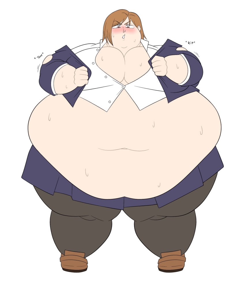 blue_clothing blush brown_hair brown_shoes chubby_face exposed_belly fat fat_thighs huge_breasts inflation_fetish jujutsu_kaisen kugisaki_nobara leggings morbidly_obese mrlowground overweight_female ssbbw trying_to_cover_up white_clothing