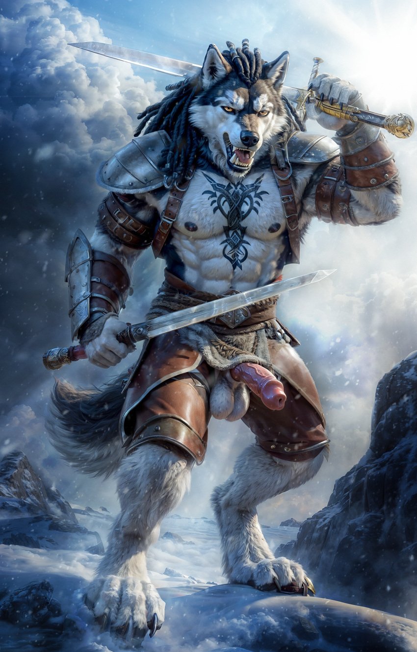 ai_generated angry anthro armor belt canid canine canis claws domestic_dog genitals hi_res husky looking_at_viewer male male/male mammal melee_weapon nipples nordic_sled_dog paws penis snow solo spitz sword tattoo viking warrior weapon were werecanid werecanine werewolf winter_background wolf