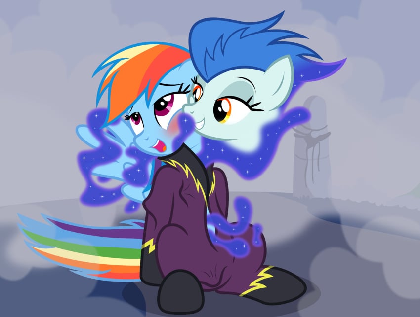 2020 amber_eyes badumsquish blue_hair bodysuit clothed clothed_sex clothing correct_artstyle dialogue english_text equid equine ethereal female fog friendship_is_magic hair hasbro heart hi_res mammal my_little_pony nightshade_(mlp) pegasus purple_eyes rainbow_dash_(mlp) sex sitting sparkles straight_hair text tight_clothing wings