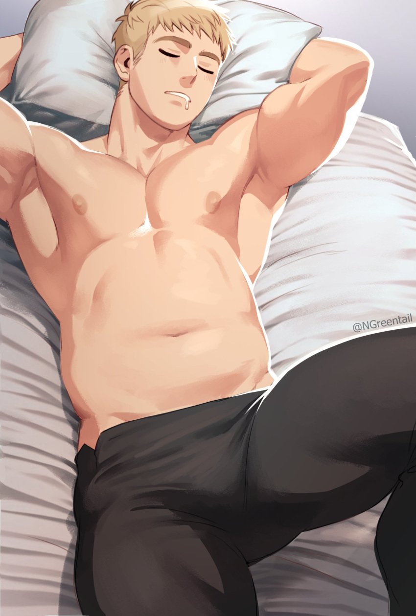 1boy armpits arms_behind_head arms_up bara bed belly black_pants blonde_hair bulge closed_eyes drooling dungeon_meshi hairless_armpits highres laios_touden lying male male_focus male_only muscular muscular_male navel ngreentail nipples on_back on_bed pants pectorals pillow plump short_hair sleeping smooth_skin solo stomach topless topless_male twitter_username