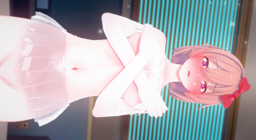 3d belly_button blue_eyes blush blush_lines bow coral_pink_hair covering_breasts doki_doki_literature_club embarrassed eyebrows_visible_through_hair female female_only just_sayori koikatsu looking_at_viewer mashirosolera medium_breasts miniskirt open_mouth red_bow sayori_(doki_doki_literature_club) see-through_clothing short_hair thick_thighs white_armwear white_legwear white_panties