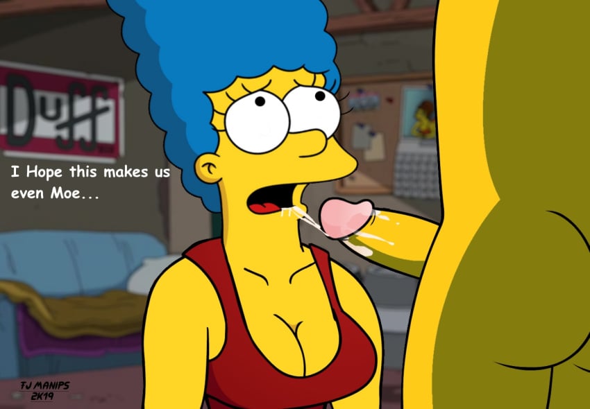 20th_century_studios accurate_art_style blowjob caption cum_in_mouth cumshot english_text fjm marge_simpson moe_szyslak partial_male tagme the_simpsons yellow_body yellow_skin