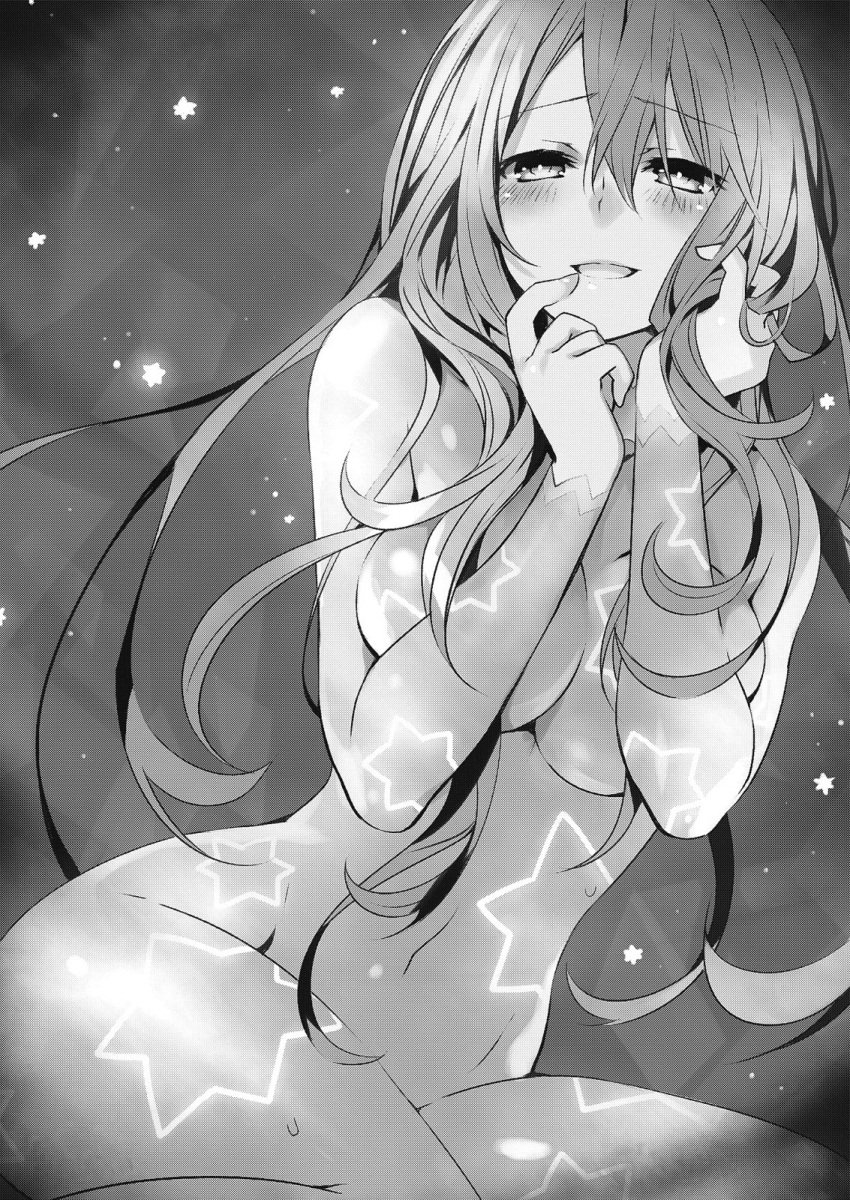 almost_naked belly_button big_breasts black_and_white blush breasts date_a_live finger_in_mouth hand_in_hair kyouno_natsumi long_hair novel_illustration official_art thick_thighs thighs transparent_clothing tsunako