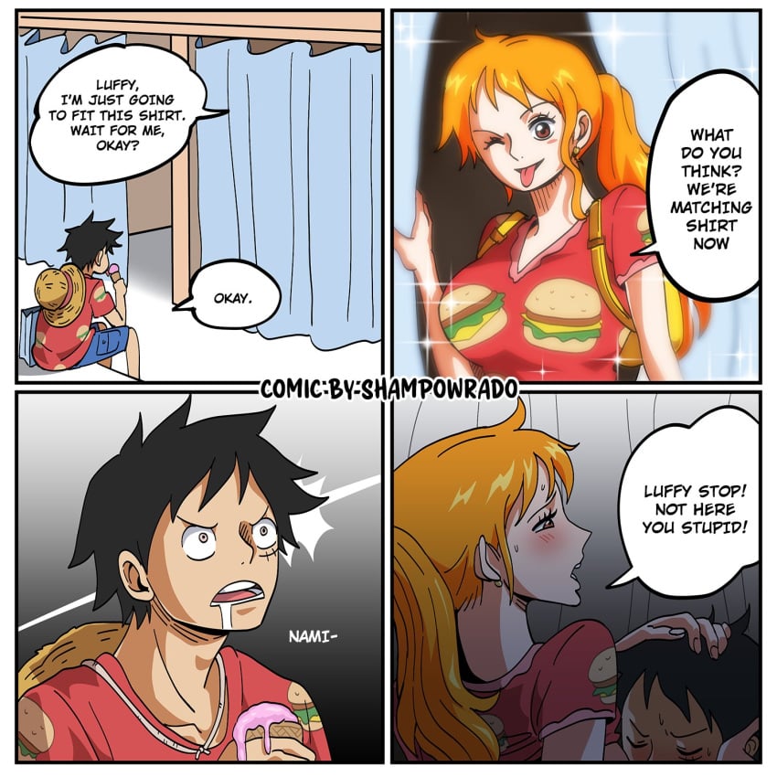 1boy 1girls 4_panel_comic black_hair breast_sucking comic couple dialogue drooling english_text female flirting humor implied_breast_sucking long_hair male matching_outfit monkey_d_luffy nami one_piece orange_hair ponytail post-timeskip scar shampowrado shirt_lift short_hair speech_bubble stealth_sex straw_hat tongue_out wink