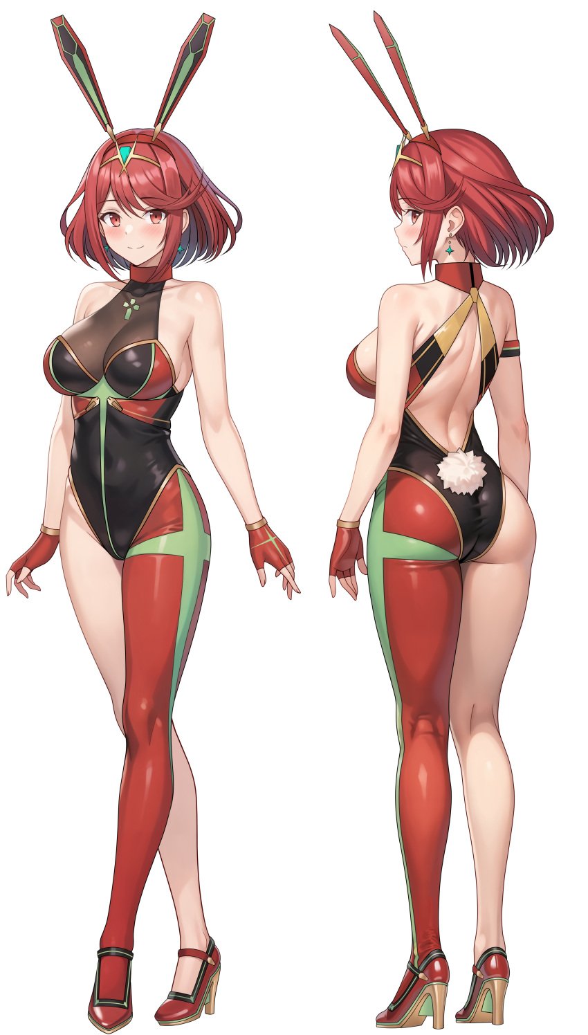 1girls absurd_res big_breasts bodysuit bunnysuit core_crystal earrings female high_heels high_res jewelry milf nintendo pyra rabbit_ears rabbit_tail red_eyes red_hair short_hair side_bangs transparent_background vodka13 xenoblade_(series) xenoblade_chronicles_2