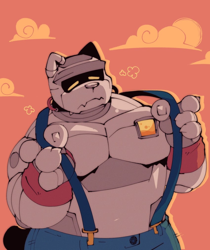 gl1tch gl1tchcat orange_background robot_cat robotic shirtless