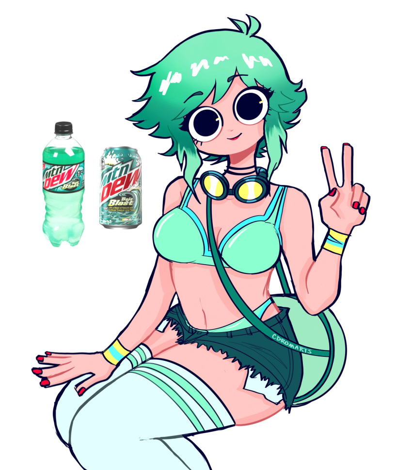 1girls black_eyes bottle can cdromarts drink female goggles goggles_around_neck green_hair green_underwear legwear light_green_hair lipstick mountain_dew nail_polish partially_clothed peace_sign ramona_flowers red_lipstick red_nails scott_pilgrim short_hair short_shorts shorts soda solo solo_female stockings thighhighs torn_clothes torn_shorts two_tone_hair underwear white_legwear