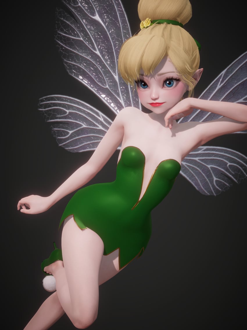 3d bare_shoulders big_eyes blonde_hair blue_eyes disney dress eyelashes fairy fairy_wings female green_dress green_shoes hair_bun hair_tie high_heels honey_select honey_select_2 inmortal legs light-skinned_female light_skin lips lipstick micro microdress minigirl peter_pan_(disney) pointy_ears red_lips red_lipstick small_breasts strapless_dress tinker_bell v-neck wings