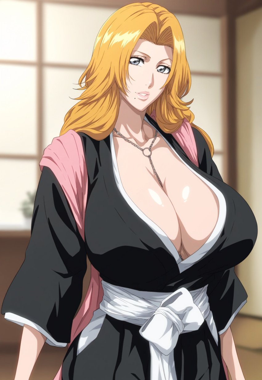 1girls ai_generated belt big_breasts bleach blonde_hair blue_eyes boob breasts breasts_bigger_than_head busty chain_necklace chains cleavage cleavage_overflow female female_focus hourglass_figure huge_breasts kimono large_breasts light-skinned_female light_skin lipstick long_hair makeup matsumoto_rangiku mature mature_female mature_woman mole mole_under_mouth mommy nai_diffusion necklace no_bra obi oppai plump sagging_breasts scarf stable_diffusion thick thick_body tofuro top_heavy top_heavy_breasts upper_body very_long_hair voluptuous voluptuous_female wavy_hair wide_hips yukata