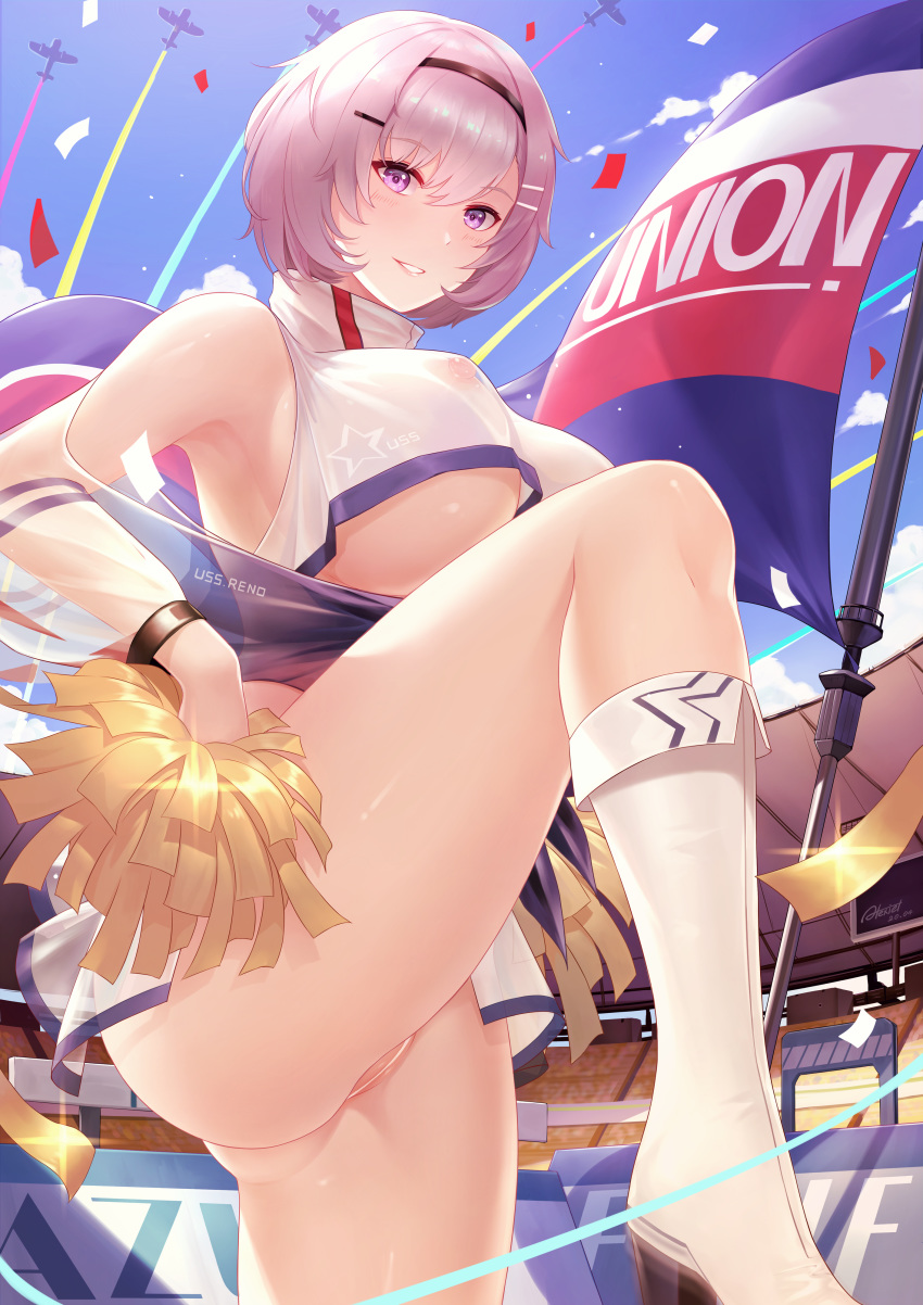 alexiel_(pixiv6211566) azur_lane censored cheerleader heels nipples no_bra nopan pussy reno_(azur_lane) reno_(biggest_little_cheerleader)_(azur_lane) see_through