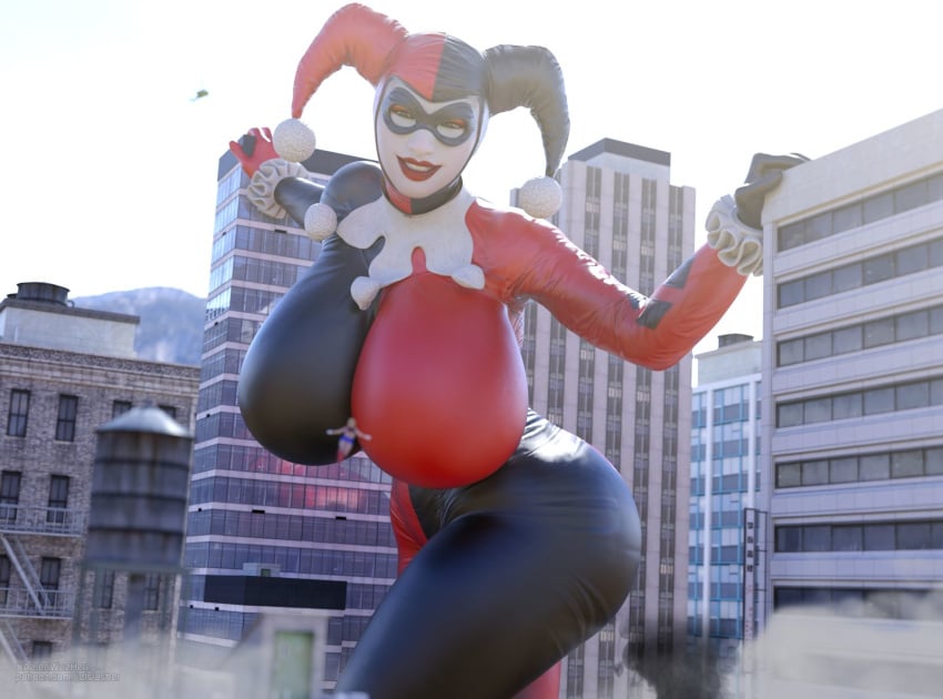 2girls 3d 3d_(artwork) batman:_arkham_knight batman_(series) bodysuit city dc dc_comics domino_mask eyeshadow facepaint female female_focus female_only giant_breasts giantess gigantic_breasts grin harley_quinn harley_quinn_(arkham) harley_quinn_(arkham_knight) harley_quinn_(classic) huge_breasts jester jester_cap jetslasher kara_danvers kara_zor-el makeup supergirl superman_(series)